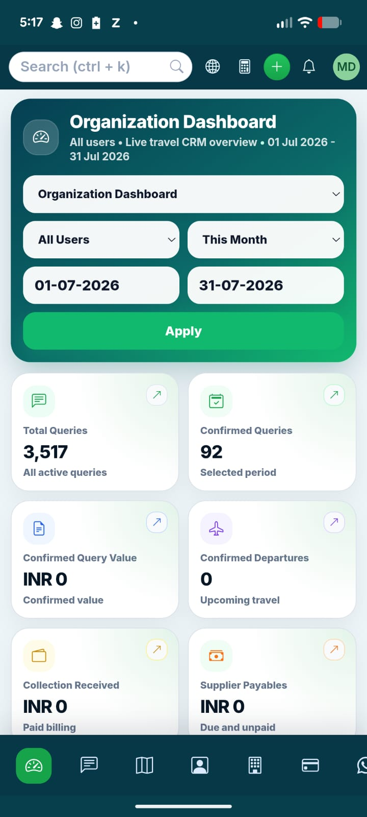 TravBizz organization dashboard mobile view