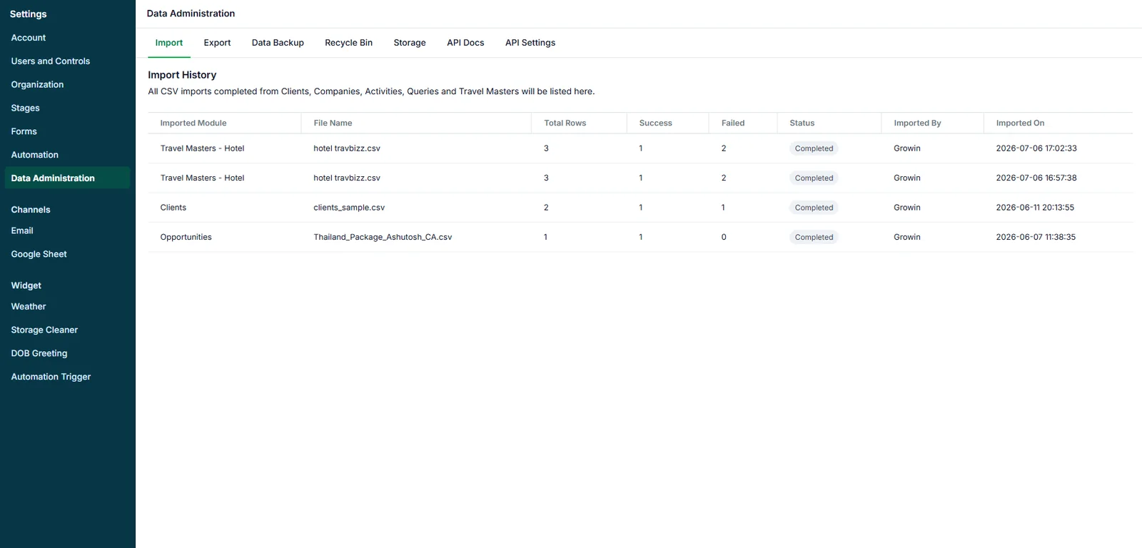 CRM data administration and import history