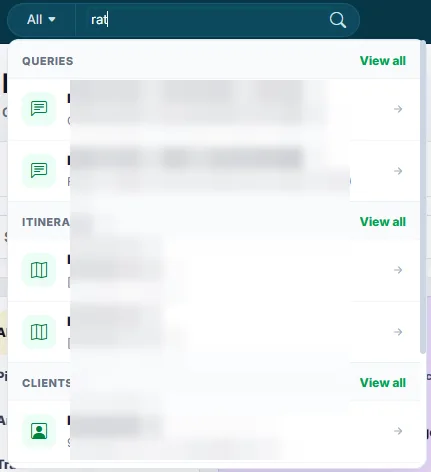 Global CRM search across queries itineraries and clients