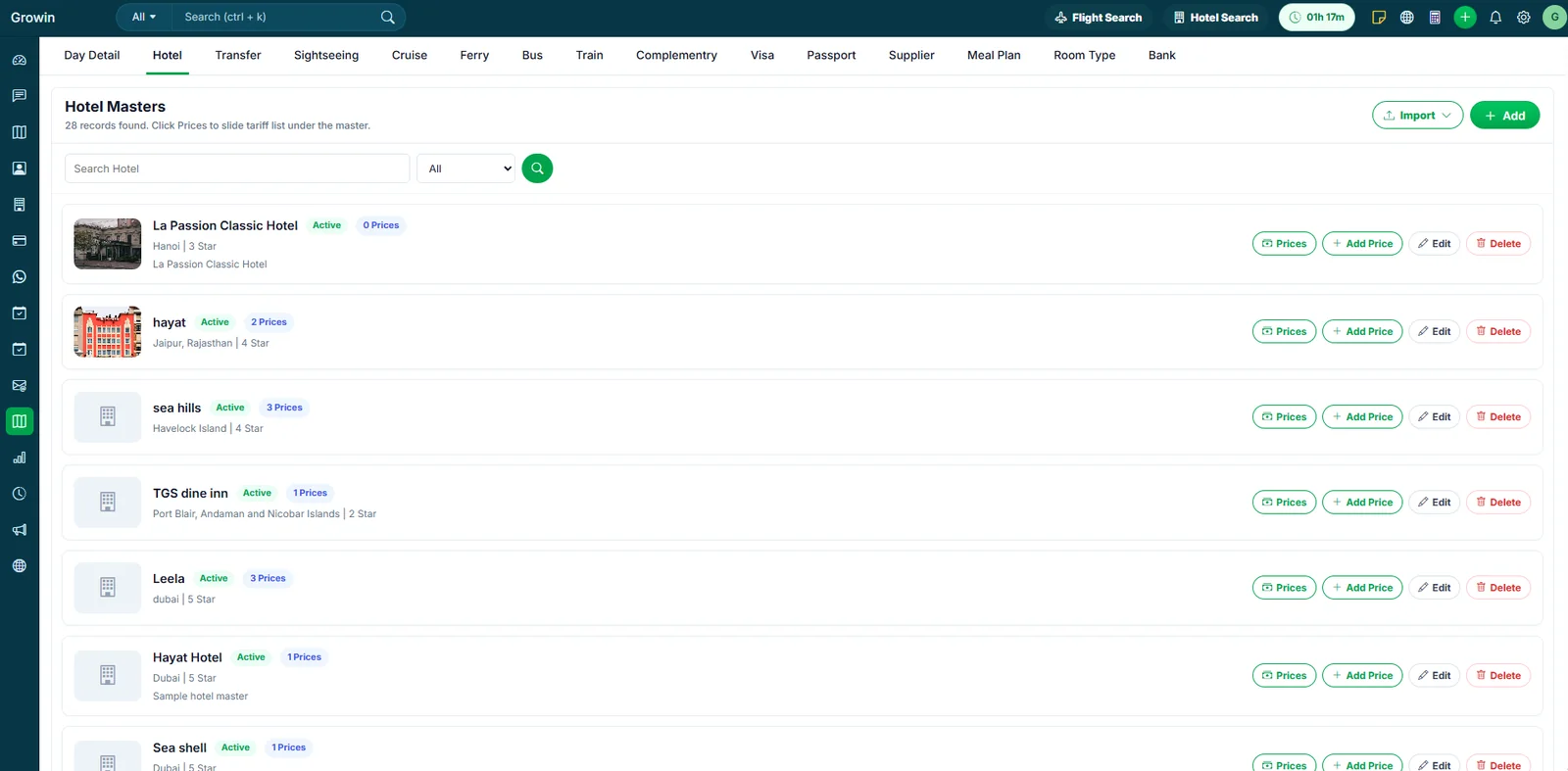 Hotel master and tariff management in TravBizz CRM