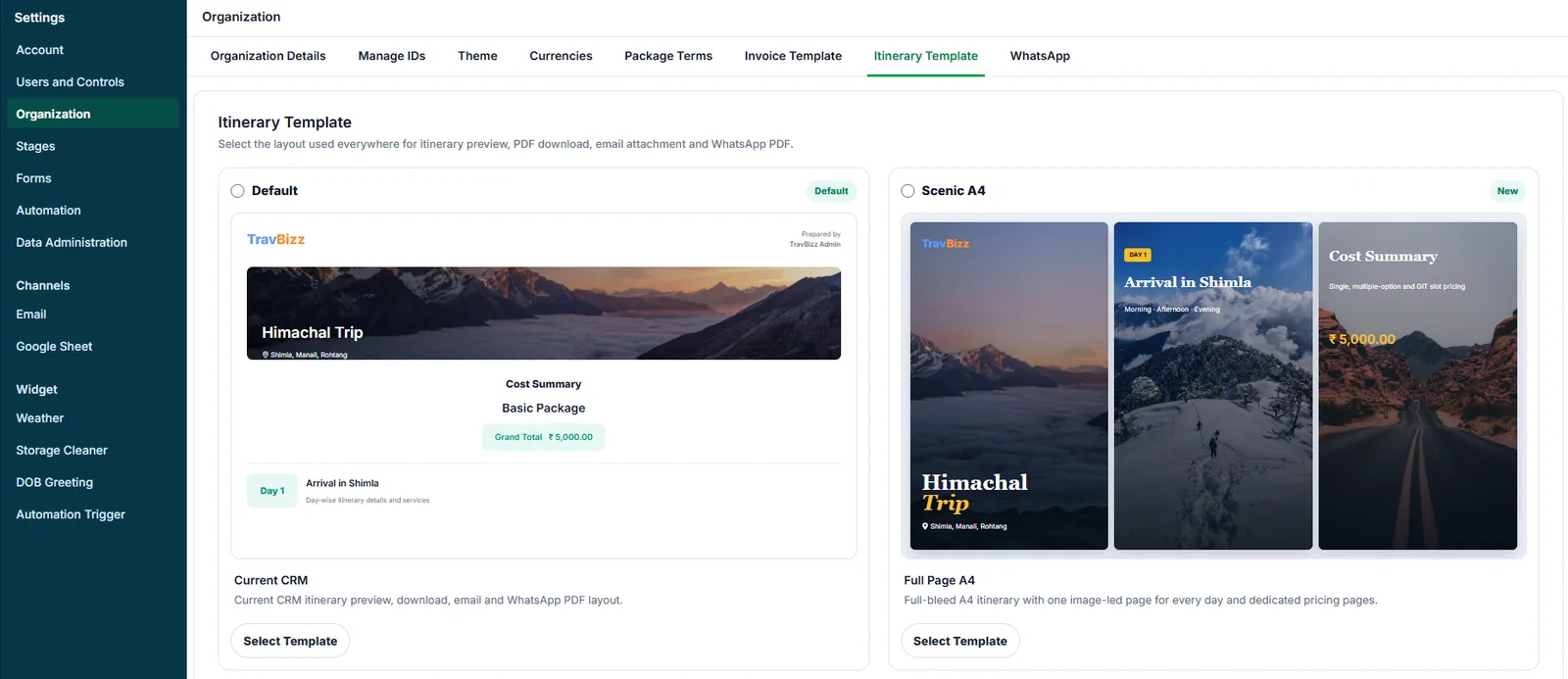 TravBizz itinerary template selection