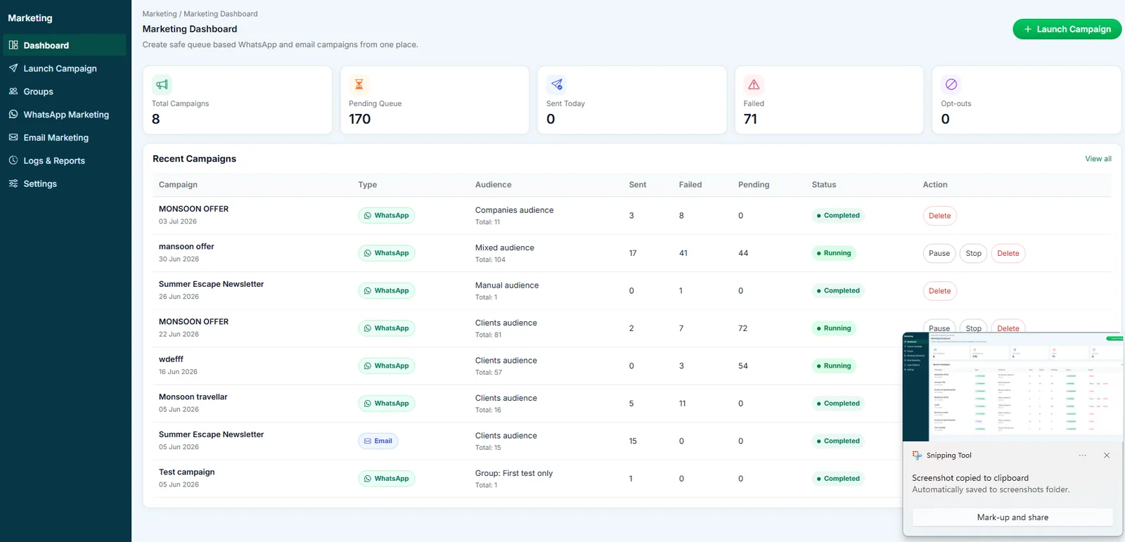 WhatsApp and email marketing campaign dashboard