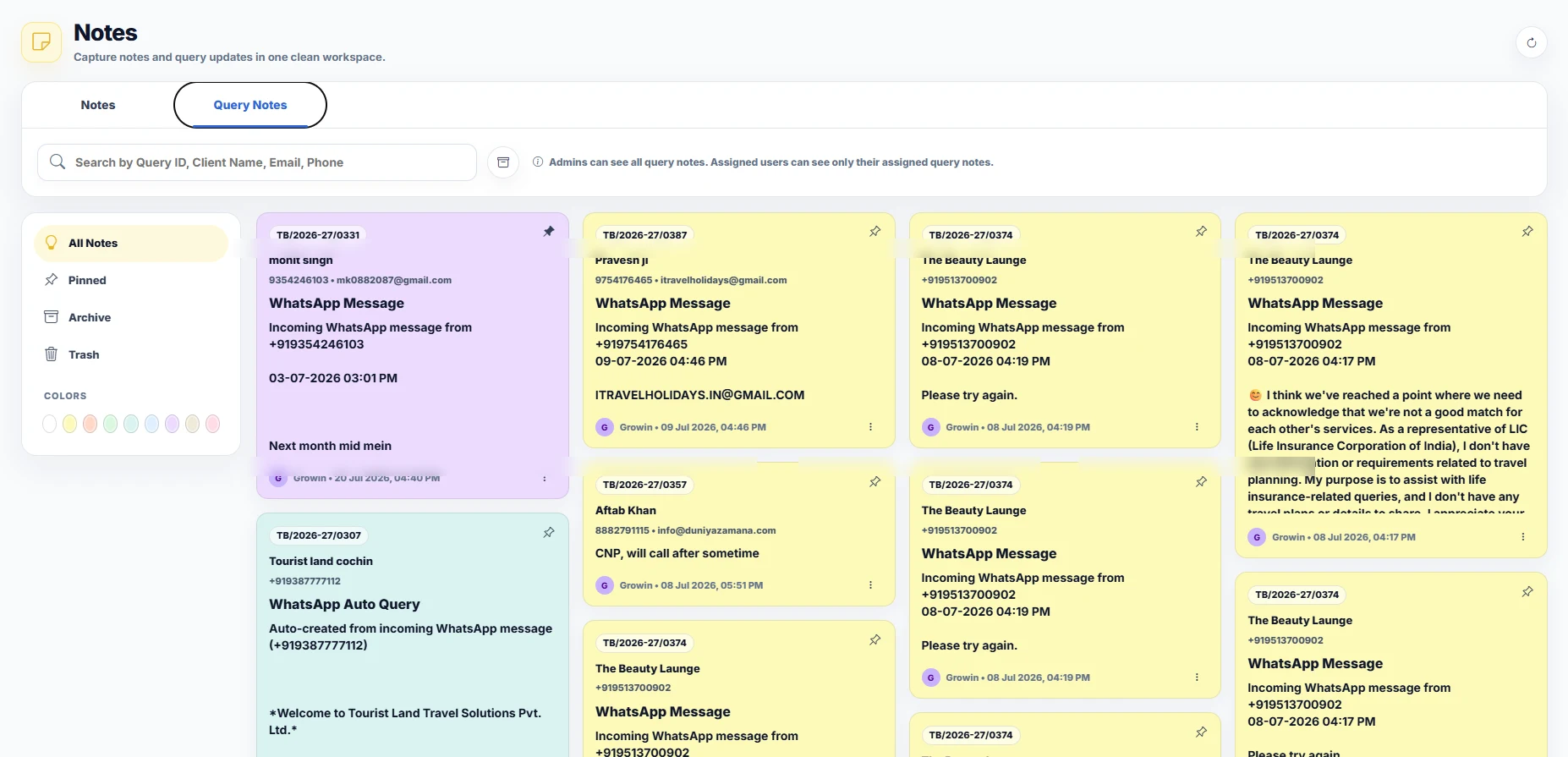 Query notes workspace in TravBizz CRM