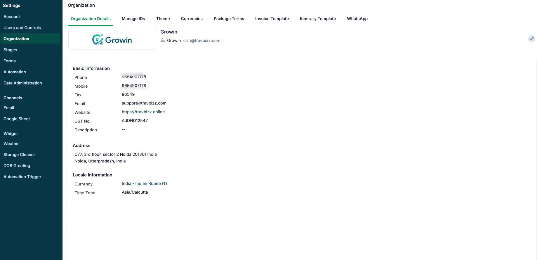 Travel CRM organization settings