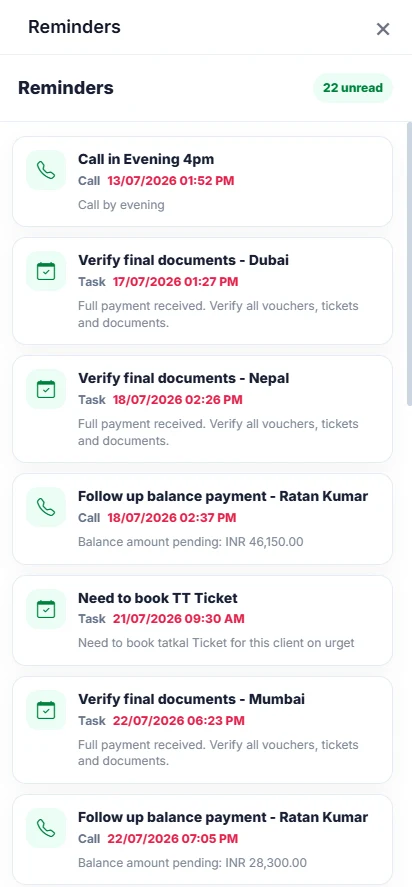 CRM reminders for calls and tasks