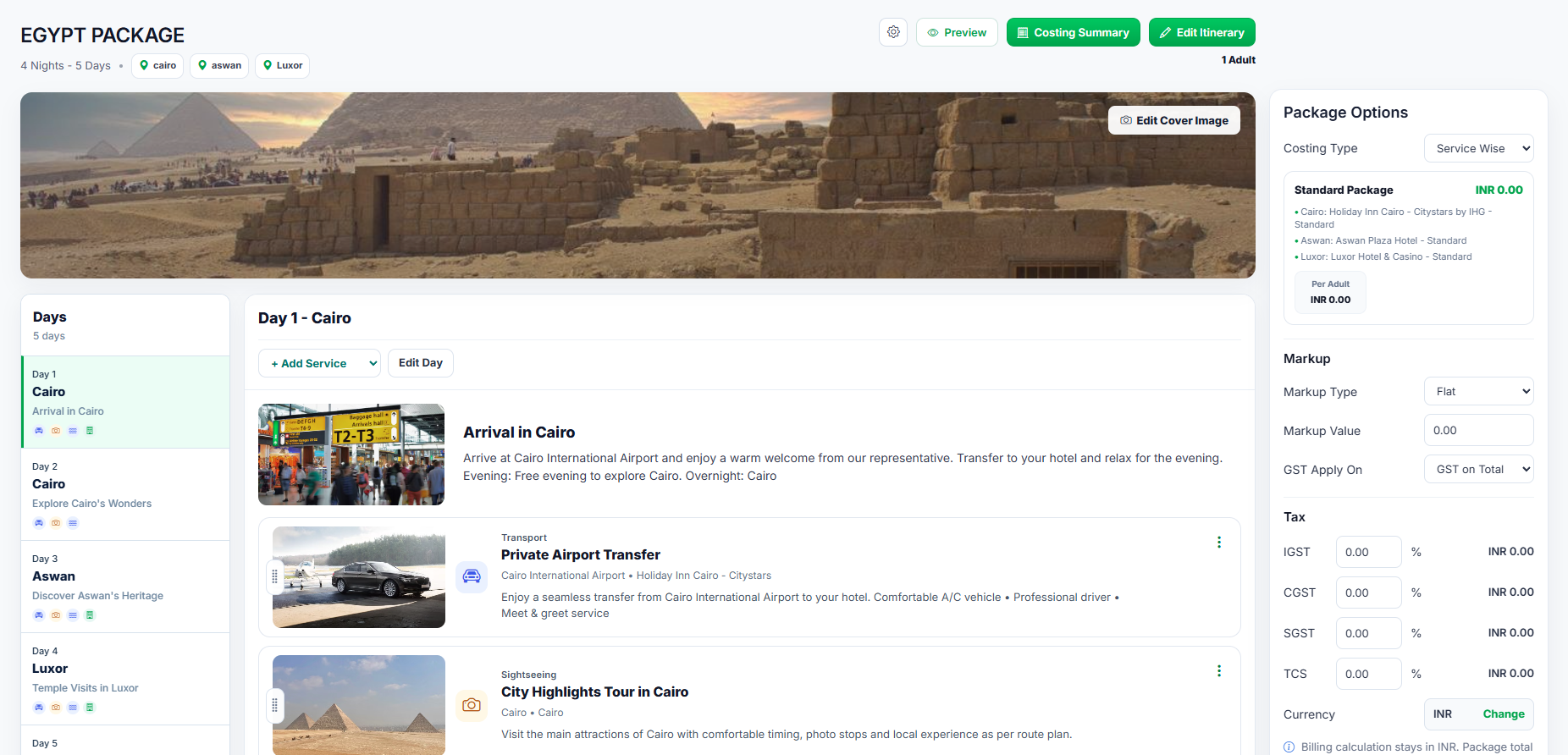 TravBizz package and itinerary builder with day-wise services, costing and package options