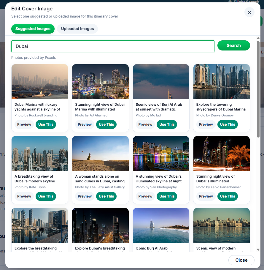 Pexels API suggested cover image picker