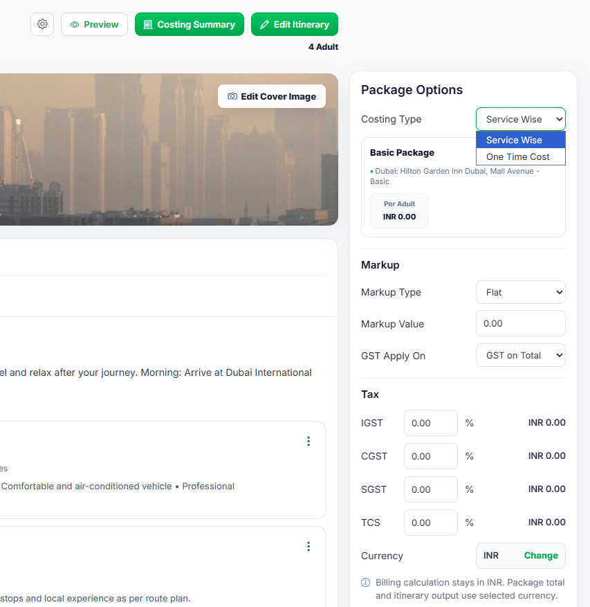 Service wise and one time cost package options