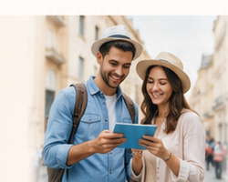 Happy travellers using a booking portal